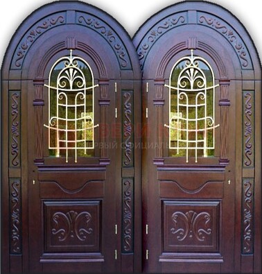Индивидуальная арочная дверь со стеклом и ковкой ДА-19 в Казани