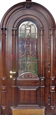 Арочная металлическая дверь массив со стеклом и ковкой ДА-50 в Котельниках