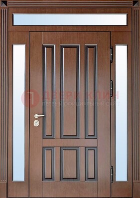 Железная дверь со стеклом и фрамугами в коричневом цвете ДФГ-8 в Котельниках