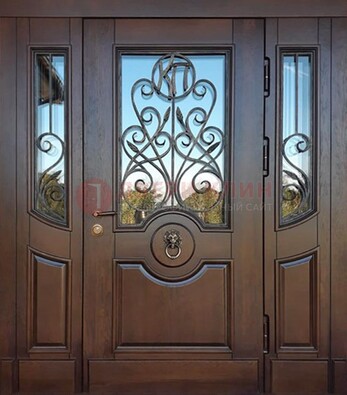Парадная коричневая дверь массив со стеклом и ковкой ДПР-100 в Лосино-Петровсом