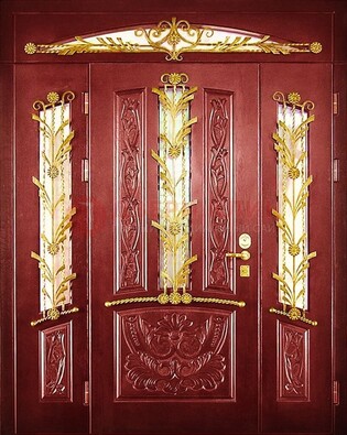 Бордовая железная парадная дверь со стеклом и ковкой ДПР-75 в Рязани