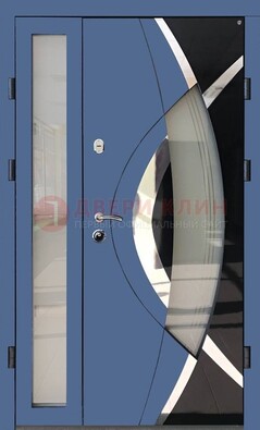 Синяя металлическая дверь со стеклом и узором ДС-13 в Котельниках