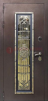 Железная дверь цвета медный антик со стеклом и ковкой ДСК-105 в Кашире