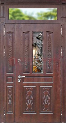 Коричневая железная дверь со стеклом и ковкой на улицу ДСК-127 В Ижевске
