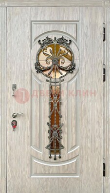 Светлая железная дверь со стеклом ковкой для коттеджа ДСК-134 в Котельниках