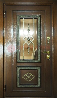 Теплая входная дверь со стеклом и ковкой разноцветной ДСК-13 в Котельниках
