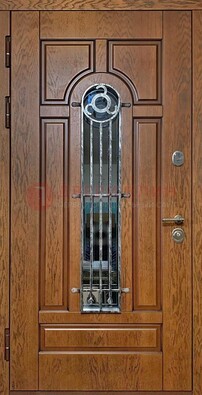 Коричневая стальная дверь со стеклом и ковкой для кирпичного дома ДСК-146 в Смоленске