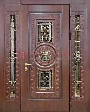 Коричневая стальная дверь со стеклом и ковкой ДСК-147 с фрамугами в Выборге
