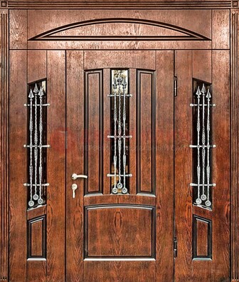 Стальная дверь со стеклом и ковкой с фрамугами ДСК-149 коричневая в Выборге