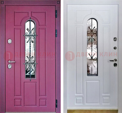 Розовая металлическая дверь со стеклом и ковкой ДСК-151 в Оренбурге