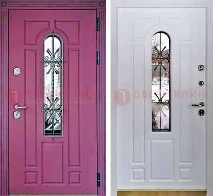 Розовая металлическая дверь со стеклом и ковкой ДСК-151 в Котельниках