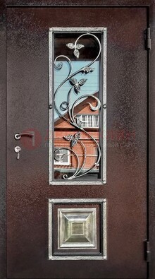 Коричневая стальная дверь порошок со стеклом и ковкой ДСК-163 в Нижнем Новгороде