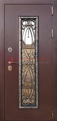 Коричневая стальная дверь порошок со стеклом и ковкой для дома ДСК-169 в Орле