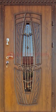 Дизайнерская железная дверь со стеклом и ковкой ДСК-182 в Лыткарино
