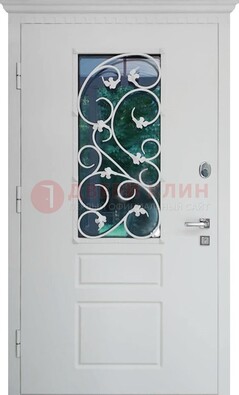 Белая металлическая дверь винорит со стеклом и ковкой ДСК-184 в Ростове-На-Дону