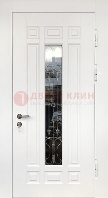 Белая стальная дверь винорит со стеклом и ковкой ДСК-191 в Котельниках