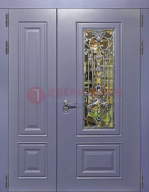 Сиреневая стальная дверь со стеклом и ковкой ДСК-199 в Котельниках
