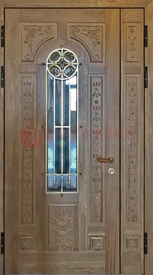 Полуторная стальная дверь стекло с ковкой и узором ДСК-200 в Перми
