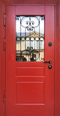 Красная железная дверь Винорит со стеклом и ковкой ДСК-205 в Котельниках