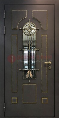 Темная входная дверь Винорит со стеклом и ковкой ДСК-211 в Котельниках