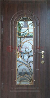 Железная дверь Винорит со стеклом и ковкой в темном цвете ДСК-216 в Пензе
