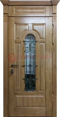 Металлическая дверь массив со стеклом и ковкой для дома ДСК-246 в Котельниках