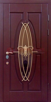 Бордовая стальная дверь Винорит со стеклом и ковкой ДСК-263 в Котельниках