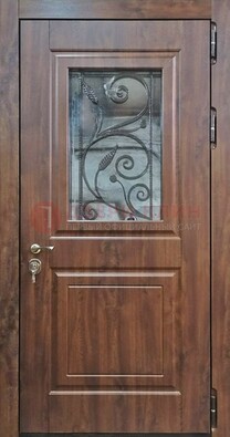 Железная дверь Винорит стекло и ковка с цветом под дерево ДСК-266 в Дмитрове