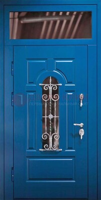 Синяя железная филенчатая дверь со стеклом и ковкой ДСК-97 в Вологде