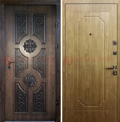 Железная коричневая дверь с виноритом и Золотой дуб внутри ДВТ-101 в Котельниках