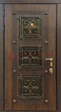 Коричневая металлическая дверь с виноритом и ковкой ДВТ-199 в Котельниках