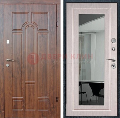 Входная коричневая дверь с МДФ Белый дуб и зеркалом ДЗ-126 в Пскове