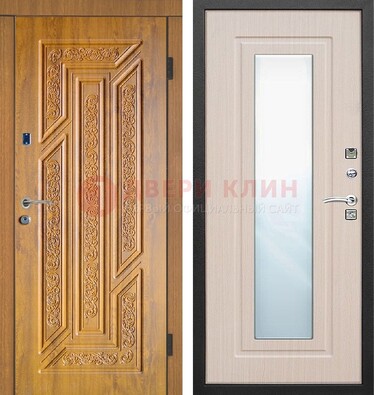 Темная железная дверь с зеркалом МДФ Белый дуб ДЗ-128 в Пскове