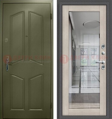 Зеленая стальная дверь с МДФ панелями и зеркалом ДЗ-137 в Котельниках