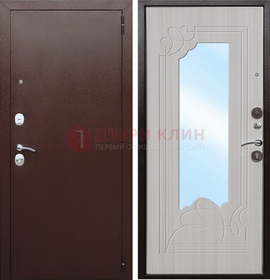Коричневая металлическая дверь с зеркалом МДФ внутри ДЗ-33 в Котельниках