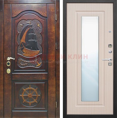 Темная уличная дверь с резьбой и зеркалом внутри ДЗ-49 в Нижнем Новгороде