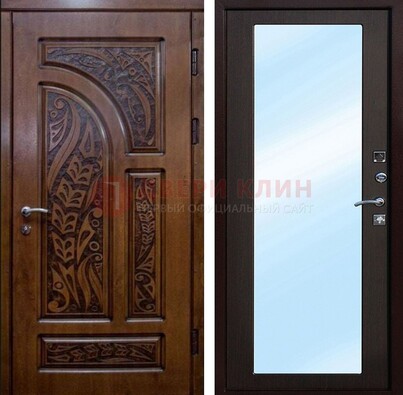Коричневая входная дверь c узором и виноритом МДФ с зеркалом ДЗ-98 в Котельниках