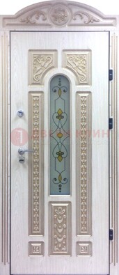 Белая железная дверь с МДФ и витражом ВЖ-26 в Волгограде