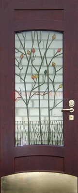 Бордовая стальная дверь с витражом и декоративным элементом ВЖ-3 в Павловском Посаде